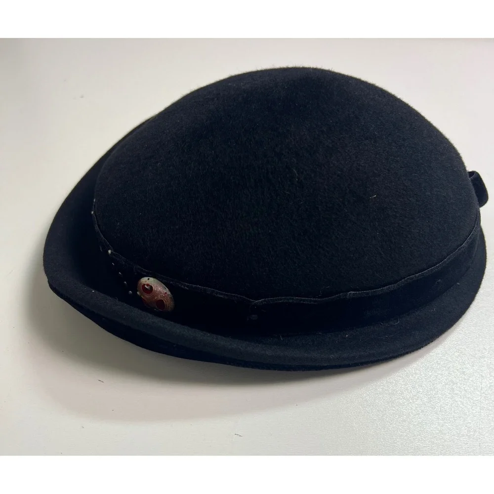 Vintage Merrimac Black Felt Bowler Hat‎ Womens Small Embellished Band